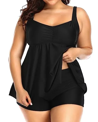Aqua Eve Plus Size Tankini Women 2 Pieces Swimsuits with Shorts Flowy Bathing Suits Black 12W