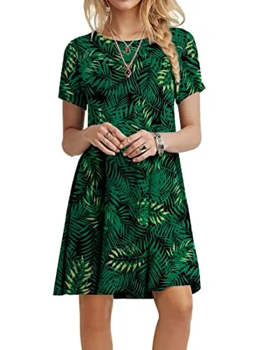 POPYOUNG Women's 2023 Summer Casual T-Shirt Dress Short Sleeves Swing Boho Beach Cover up M, Leaf Green