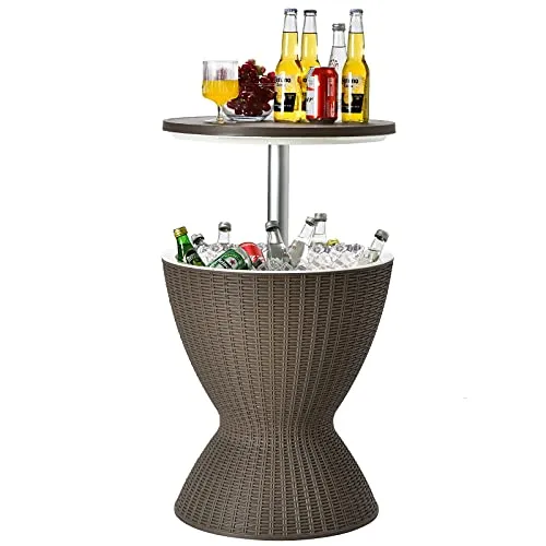 Tangkula Outdoor Cool Bar Table, Rattan Style Patio 8 Gallon Beer and Wine Cooler, All-Weather Ice Bucket w/Height Adjustable Top, Drainage Plug, 3-in-1 Cocktail Coffee Table for Party, Pool (Coffee)
