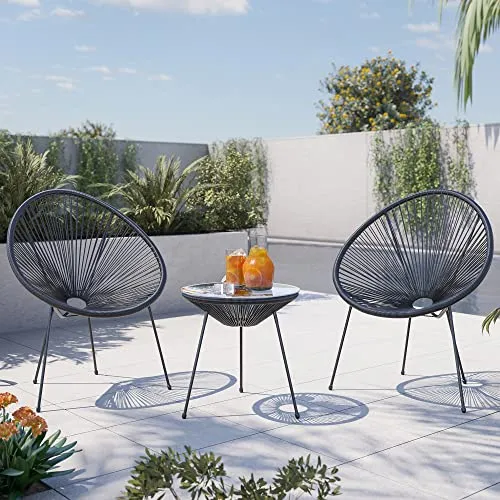 BELLEZE 3 Piece Modern Rattan Patio Bistro Set with Round Chairs and Glass Top Accent Table, Wicker Outdoor Furniture for Backyard or Porch - Acapulco (Black)