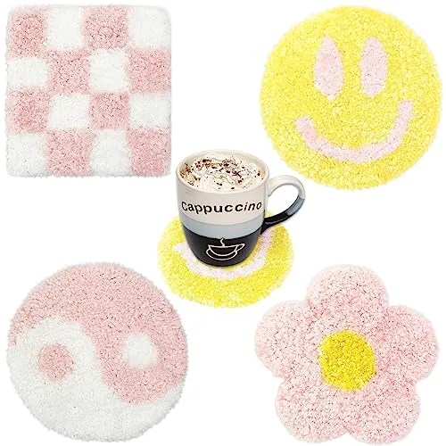 Coasters for Drinks - Handmade Preppy Tufted Pink Pastel Rug Aesthetic Cute Room Coffee Table Decor for Women Girl Gift 4Pcs