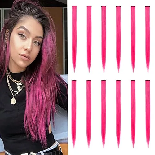 12 PCS Colored Hair Extensions, SOYZMYX Multi-color Party Highlights Clip in Synthetic Hair Extensions, 22 inch Colorful Hair Accessories for Girls Women Kids Hairpieces in Halloween (Hot Pink)