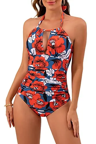 B2prity Women's Slimming One Piece Swimsuits Tummy Control Bathing Suit Halter Swimwear for Big Busted Curvy Woman