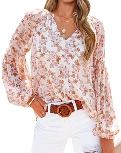 BTFBM Women Casual Boho Floral Blouse Shirts V Neck Long Puff Sleeve Lightweight Chiffon Spring Summer Fashion 2023 Tops(Floral White, Medium)