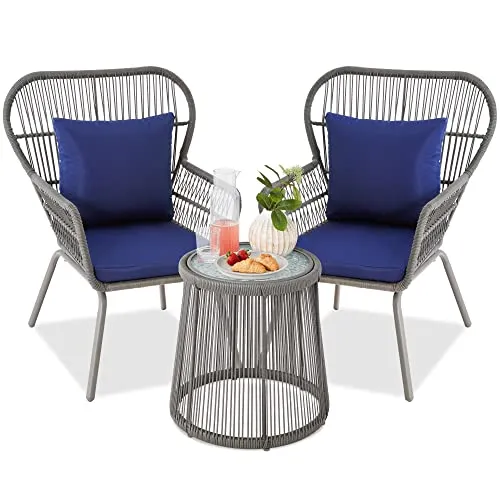 Best Choice Products 3-Piece Patio Conversation Bistro Set, Outdoor All-Weather Wicker Furniture for Porch, Backyard w/ 2 Wide Ergonomic Chairs, Cushions, Glass Top Side Table - Gray/Navy