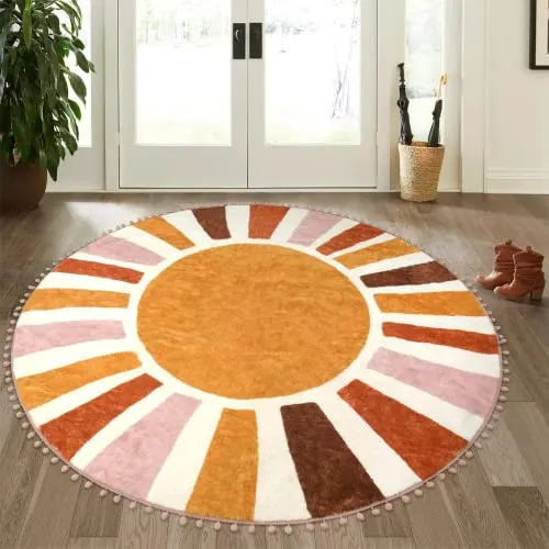 LIVEBOX Retro Sun Round Rug 5.2ft, for Entryway, Non-Slip Cute Colorful Kids Circle Boho Carpet for Bedroom,Nursery Washable Throw Area Rug for Living Room Office