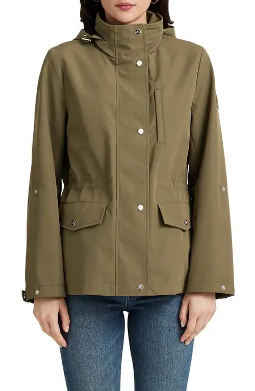 Lauren Ralph Lauren Cinch Waist Water Resistant Hooded Windbreaker Jacket in Olive Fern at Nordstrom, Size X-Small