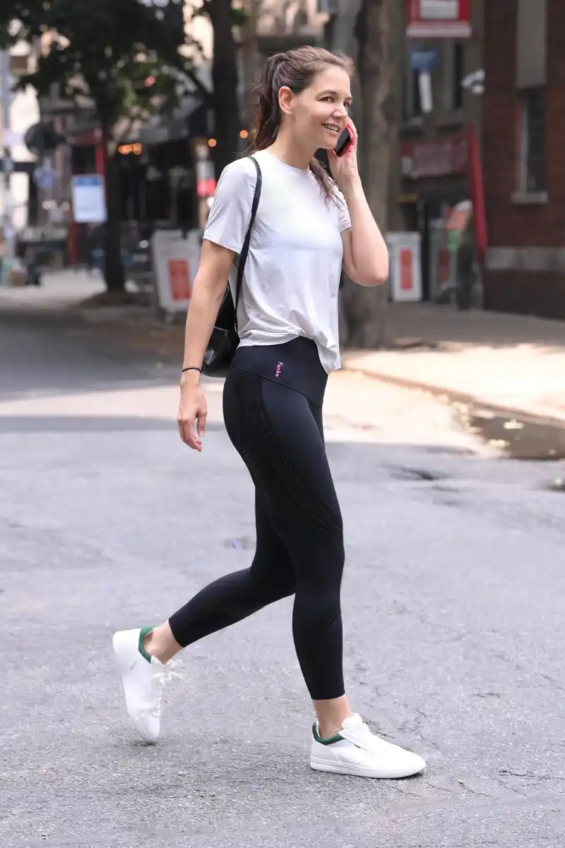 Katie Holmes Fanka's body sculpt leggings and Vivaia sneakers