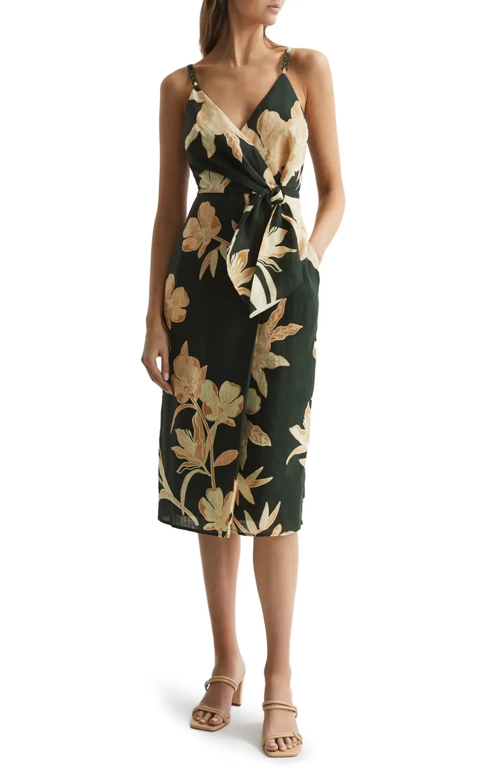 Reiss Alice Floral Linen Faux Wrap Dress