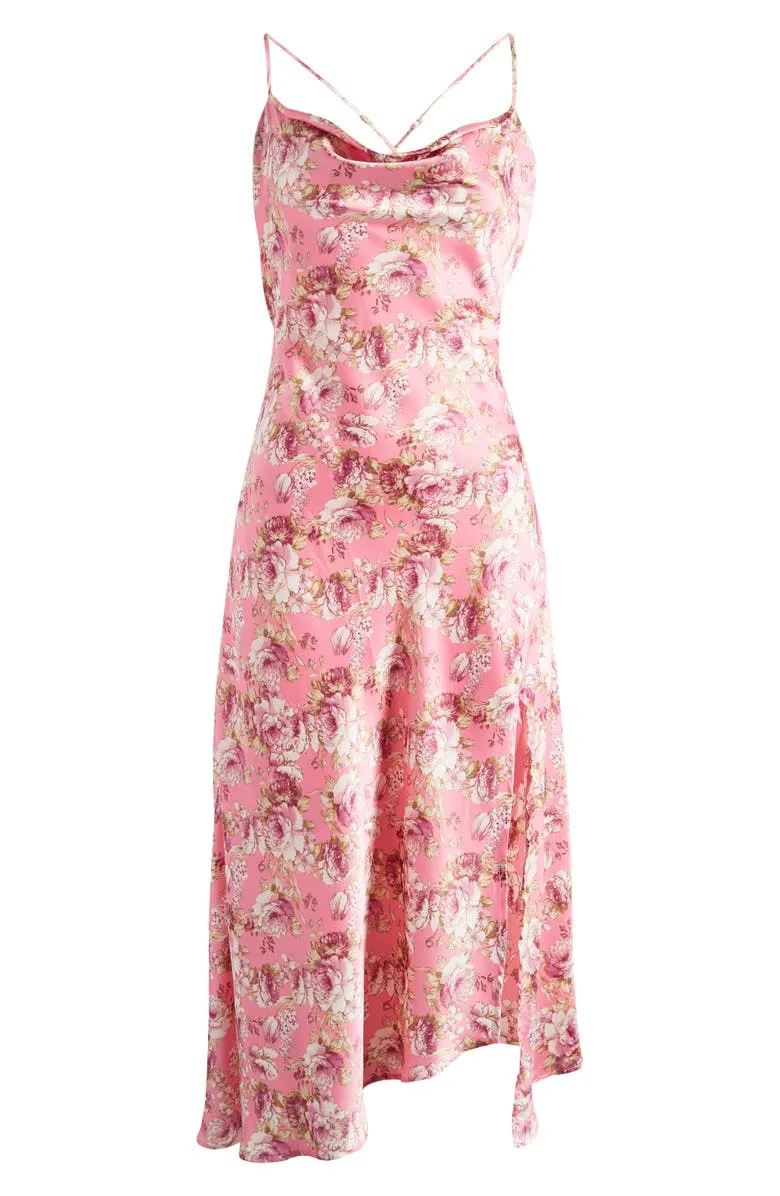 pink floral satin midi dress