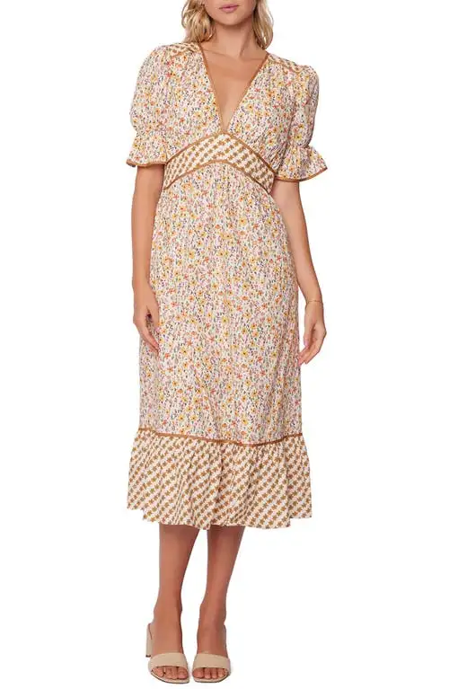 Lost + Wander Spring Sunrise Floral Cotton Midi Dress in Yellow Multi Floral at Nordstrom, Size Small