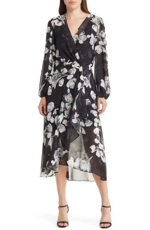 Sam Edelman Long Sleeve Faux Wrap Midi Dress in Black/White at Nordstrom, Size 6