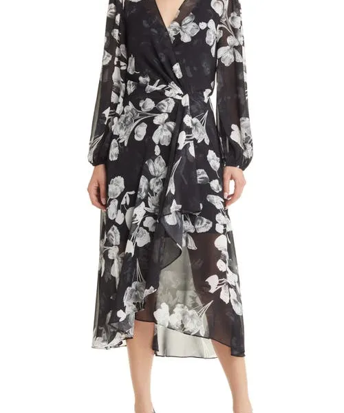 Sam Edelman Long Sleeve Faux Wrap Midi Dress in Black/White at Nordstrom, Size 6