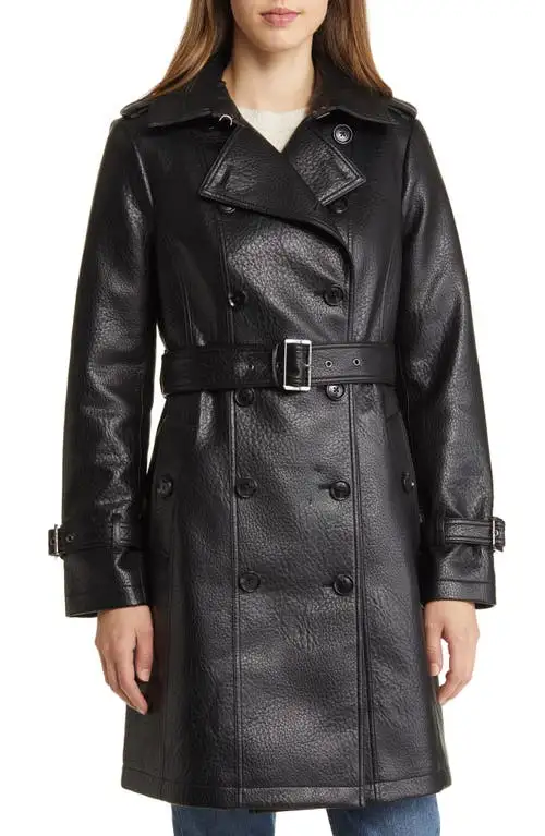 MICHAEL Michael Kors Double Breasted Faux Leather Coat in Black at Nordstrom, Size X-Small