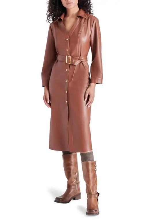 Steve Madden Belted Faux Leather Shirtdress in Cognac at Nordstrom, Size Large