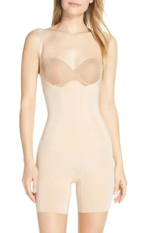 SPANX&reg; OnCore Open Bust Mid Thigh Shaper Bodysuit in Soft Nude at Nordstrom, Size X-Large