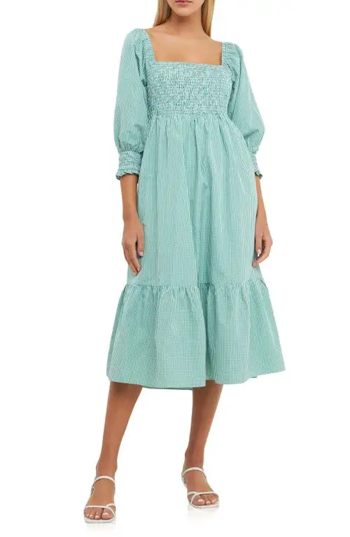 English Factory Smocked Gingham Print Midi Dress in Green at Nordstrom, Size X-Small