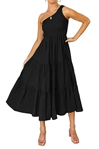 ZCSIA Women's 2023 Summer Boho One Shoulder Sleeveless Solid Color Ruffle Beach Party Tiered Midi Dress,Black,Medium