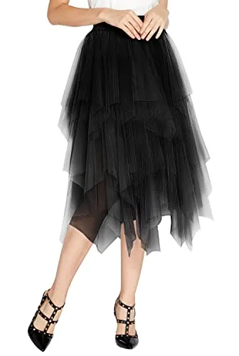 Women&rsquo;s Elegant Mesh Layered Tulle Skirt Sheer Tutu Skirt Midi Dress (L, Black)
