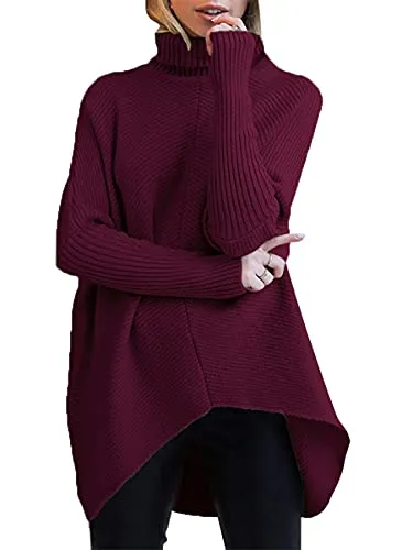 ANRABESS Women Turtle Cowl Neck Batwing Long Sleeve Asymmetric Hem Wine Red Oversized Pullover Chunky Wram 2023 Fall Sweater Jumpers A87Jiuhong-S
