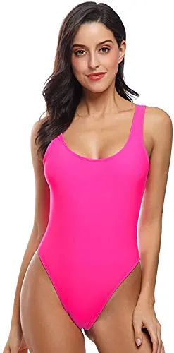 MIAIULIA Women's Retro 80s/90s Inspired High Cut Low Back One Piece Padding Swimwear Bathing Suits Hot Pink Pad XL