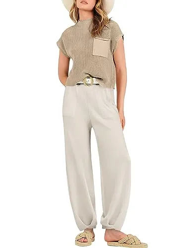 ANRABESS Women's Two Piece Outfits Sweater Sets Knit Pullover Tops and Casual Pants Tracksuit Matching Sets Loungewear 2023 Summer Fashion Clothes Sweat Suit 953qiankaqi-S