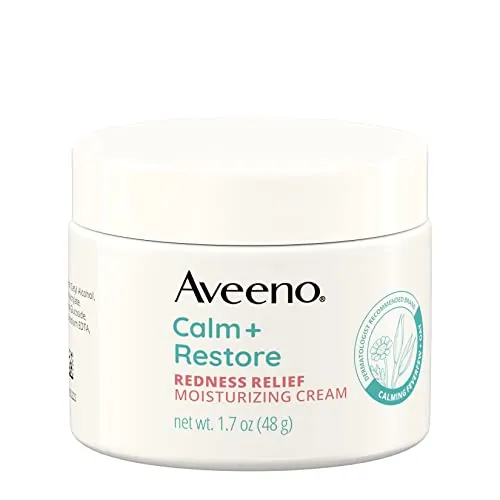 Aveeno Calm + Restore Redness Relief Moisturizing Cream, Daily Facial Cream for Sensitive Skin Instantly Calms & Soothes the Appearance of Redness, Fragrance-Free & Hypoallergenic, 1.7 oz