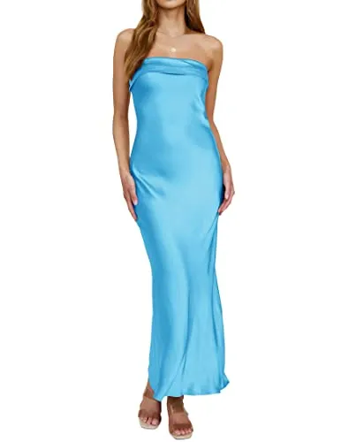 ZESICA Women's 2023 Summer Satin Strapless Dress Sexy Backless Bodycon Wedding Cocktail Party Maxi Dresses,Blue,Medium