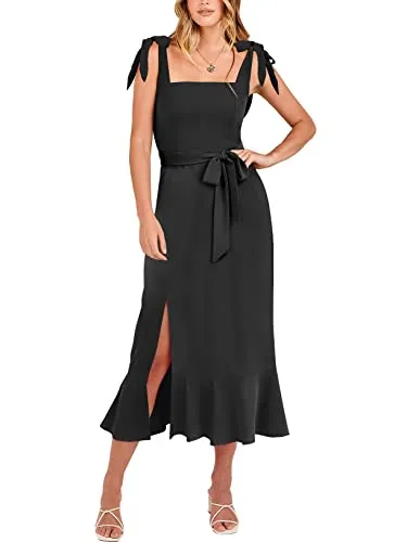 ANRABESS Women's Elegant Bridesmaid Dresses Square Neck Ruffle Split Midi Formal Dress for Wedding Guest Cocktail Party 2023 Gradution Prom Evening Night Dresses 893heise-M Black