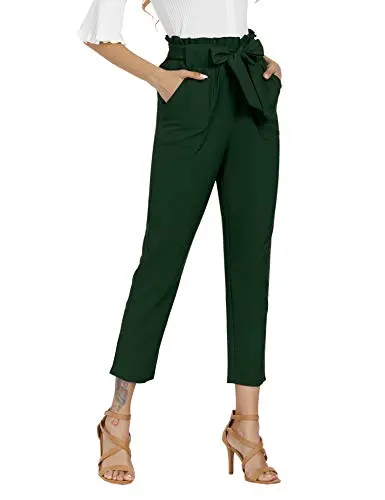 Freeprance Women's Pants Casual Trouser Paper Bag Pants Elastic Waist Slim Pockets DGN M Dark Green