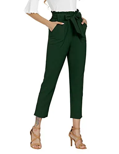 Freeprance Women's Pants Casual Trouser Paper Bag Pants Elastic Waist Slim Pockets DGN M Dark Green