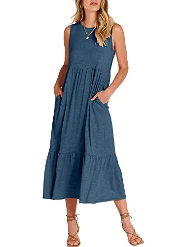 ANRABESS Women Sleeveless Crewneck Beach Sundress High Waist Casual Loose Swing Tiered Maxi Dress with Pockets 499shenlan-S Blue