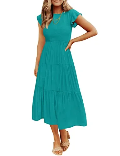 ZESICA Women's 2023 Summer Casual Flutter Short Sleeve Crew Neck Smocked Elastic Waist Tiered Midi Dress,Peacock,Small