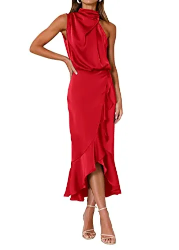 KIRUNDO Womens 2023 Summer Satin Mock Neck Party Cocktail Midi Dress Sleeveless Wrap Ruffle Mermaid Hem Formal Dresses(Red, Small)