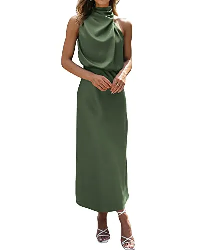 BTFBM Women's Sleeveless Cocktail Dresses Mock Neck Keyhole Elastic High Waist Wedding Guest Evening Party Maxi Dress(Solid Army Green, Medium)