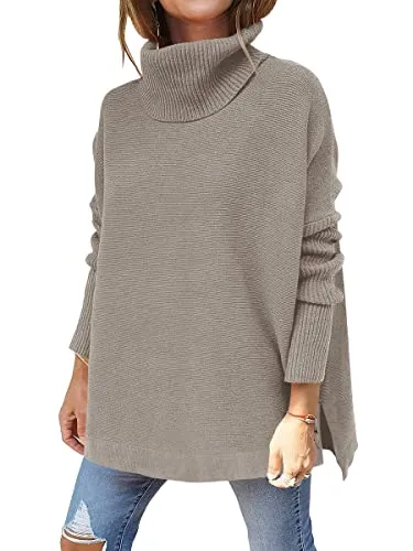 ANRABESS Oversized Sweaters for Women Tunic 2023 Fall Split Hem Long Sleeve High Neck Lightweight Loose Fit Tunic Pullover Sweater Knit Tops 452huika-S Gray