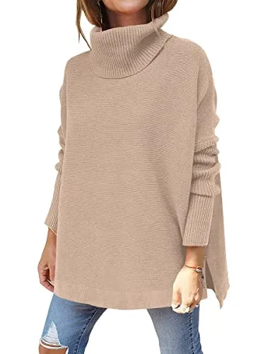 ANRABESS Women's Turtleneck Oversized Sweaters 2022 Fall Long Batwing Sleeve Spilt Hem Tunic Pullover Sweater Knit Tops 452shenxing-S