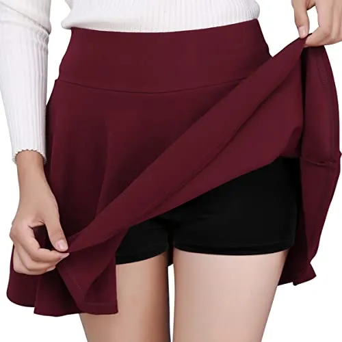 DJT FASHION Women's Casual Mini Flared Pleated Skater Skirt with Shorts Large Wine