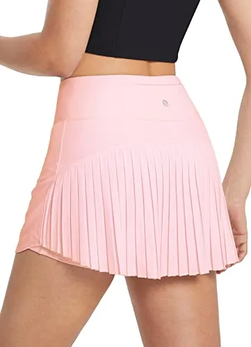 BALEAF Women's Pleated Tennis Skirts High Waisted Lightweight Athletic Golf Skorts Skirts with Shorts Pockets Pink Small