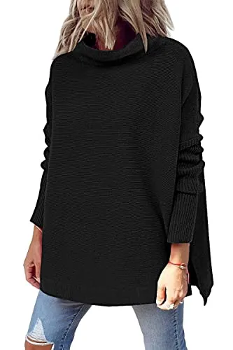 LILLUSORY Women's Maternity Sweater Mock Turtleneck Oversized Sweater Long Batwing Sleeve Split Hem Ribbed Knit Pullover Tops Black