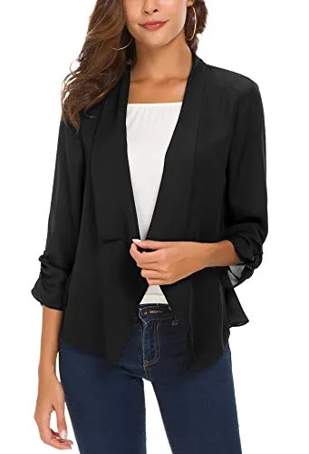 Women's Ruched Sleeve Lightweight Thin Chiffon Blazer (XL, Black)