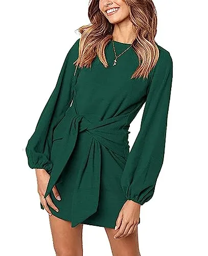 PRETTYGARDEN Women&rsquo;s Elegant Long Lantern Sleeve Short Dress Crewneck Tie Waist Knit Cocktail Dress Dark Green