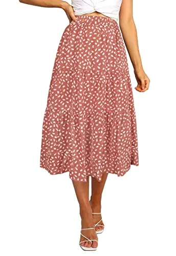 MEROKEETY Women's Boho Leopard Print Skirt Pleated A-Line Swing Midi Skirts DarkPink X-Large