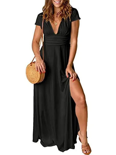 ANRABESS Women's Deep V Neck Short Sleeve Elegant Cocktail Long Dresses Pleated High Waist Slit Club Party Evening Formal Maxi Dress 529-hei-L Black