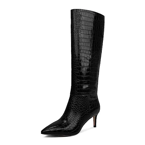 wetkiss Black Women's Knee High Boots Black Knee High Crocodile Boots for Women Black Knee High Boots Snake Boots Pointed Toe Tall Black Boots Snakeskin Boots Knee High Wide Calf Boots Stiletto Boots
