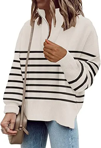 Womens&nbsp;Oversized&nbsp;Tunic&nbsp;Sweaters&nbsp;1/4&nbsp;Zipper&nbsp;Neck&nbsp;Knit&nbsp;Tops&nbsp;Casual&nbsp;Sweatshirt&nbsp;Pullover&nbsp;Stripes&nbsp;Sweater&nbsp;Side&nbsp;Split