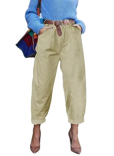 EVALESS Women's Baggy Denim Pants High Waisted Y2K Boyfriend Cargo Jeans Streetwear Trousers Khaki 18