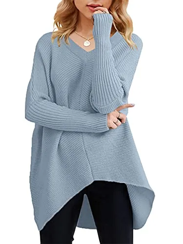 ANRABESS Sweaters for Women 2023 Fall Oversized V Neck Long Bating Sleeve Asymmetric Hem Casual Knit Chunky Warm Pullover Tunic Jumper Fashion Clothes Outfits 413huilanse-XL Gray Blue