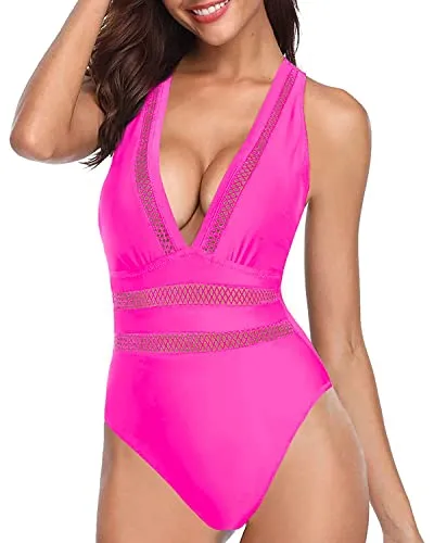 Tempt Me Women One Piece Swimsuit&nbsp;Sexy&nbsp;Plunge V Neck&nbsp;Bathing Suit Hot Pink Hollow Out&nbsp;Monokini M