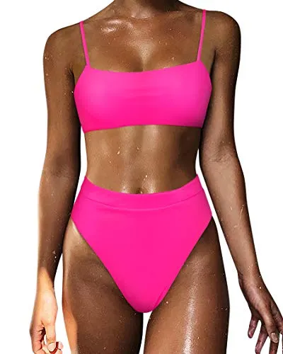 MOSHENGQI Women Spaghetti Straps Bikini Sets High Cut Cheeky 2 Piece Swimsuits (Small, Hot Pink)